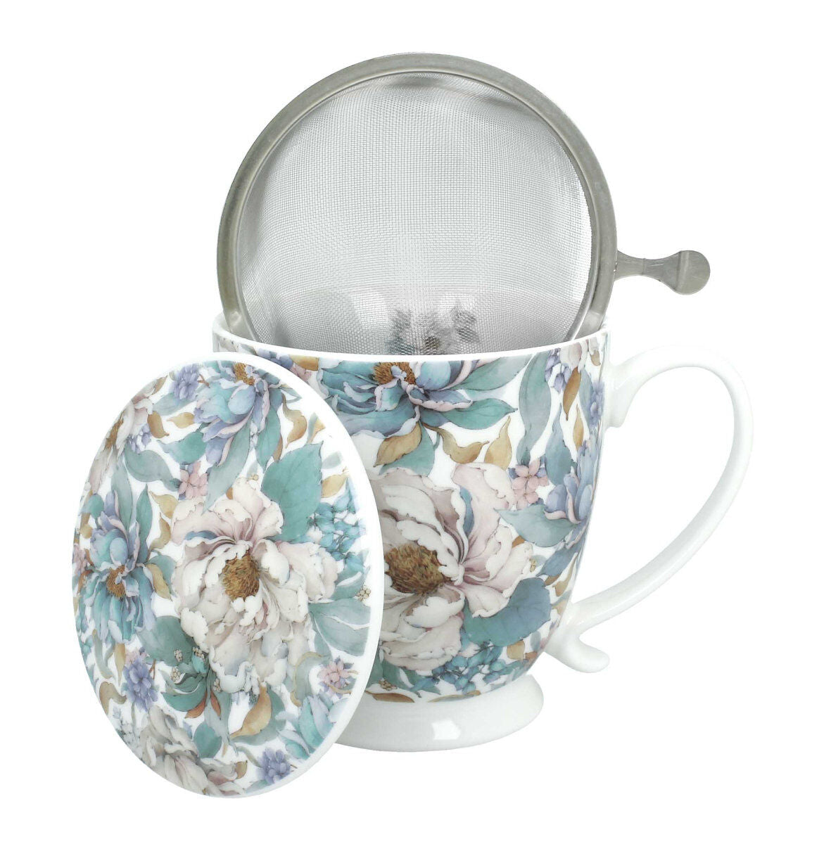 DUO Becher PEONY WHITE mit Fuß, 500 ml, inkl. Deckel und Teesieb, New Bone China Porzellan – Bild 2