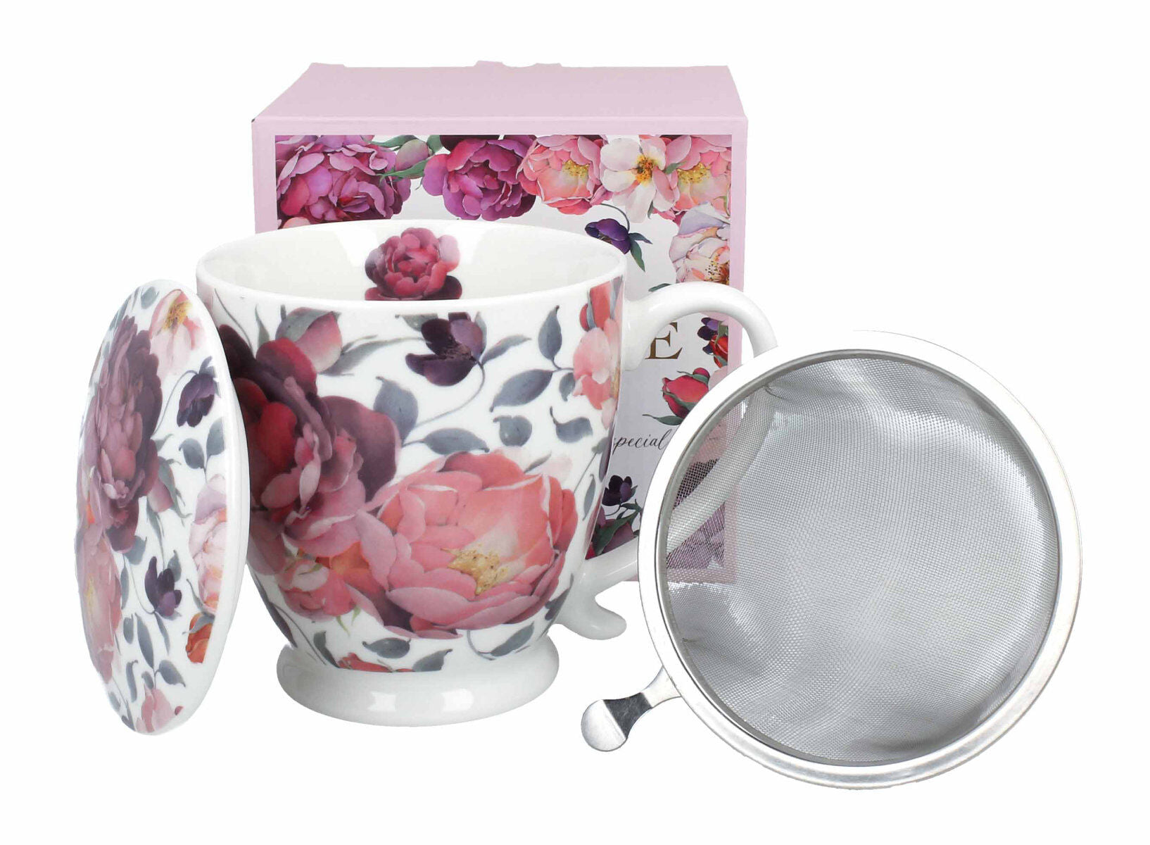 DUO Becher SPRING ROSES WHITE mit Fuß, 500 ml, inkl. Deckel und Teesieb, New Bone China Porzellan