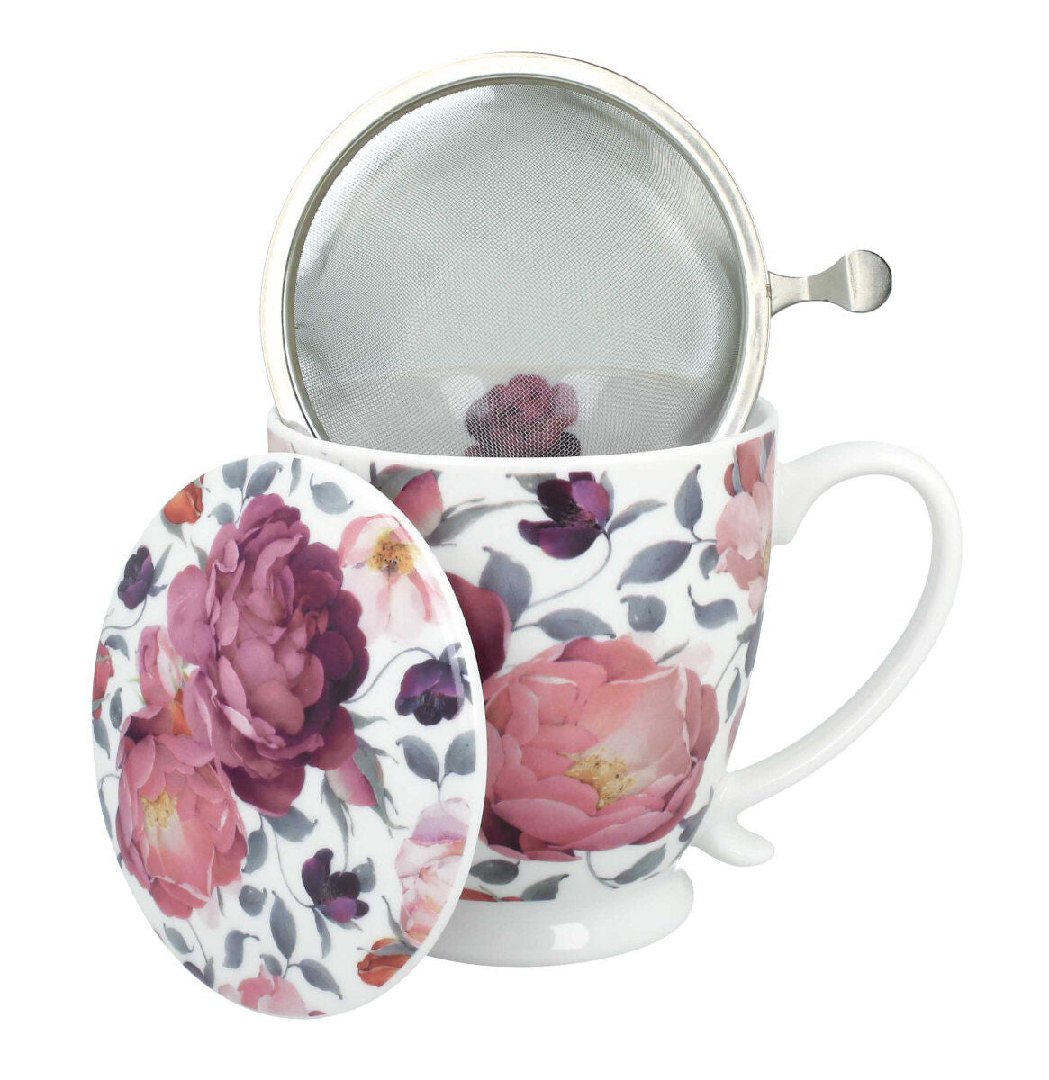 DUO Becher SPRING ROSES WHITE mit Fuß, 500 ml, inkl. Deckel und Teesieb, New Bone China Porzellan – Bild 2
