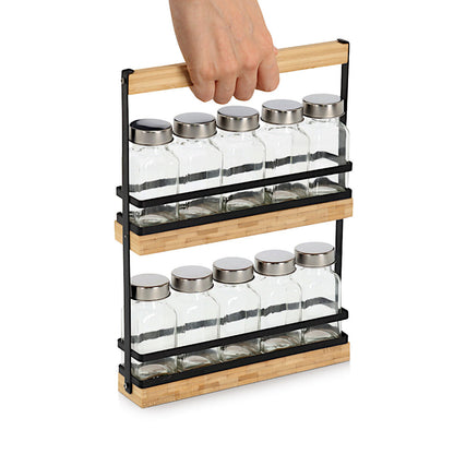 ZELLER Gewürzständer 19657 mit 10 füllbaren Gläsern, Glas/Bambus/Metall, schwarz, 22,7 x 4,7 x 30 cm