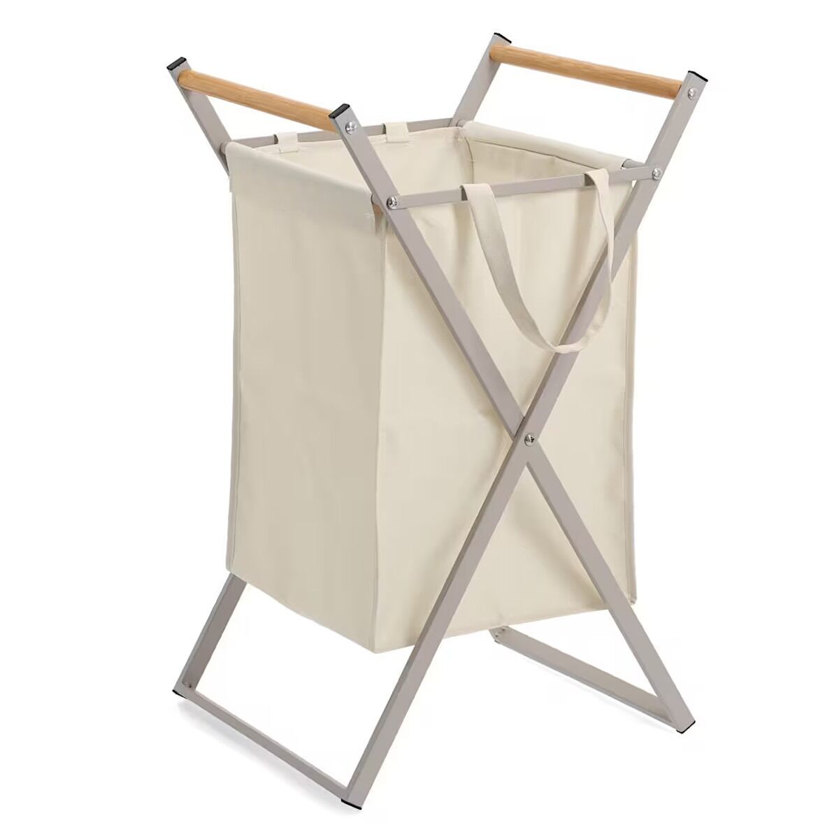 ZELLER 14298 Wäschesammler, klappbar, Metall/Holz/Polyester, greige, ca. 36,5 x 40 x 67 cm