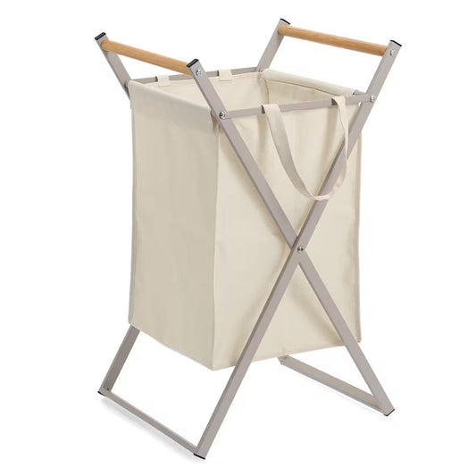 ZELLER 14298 Wäschesammler, klappbar, Metall/Holz/Polyester, greige, ca. 36,5 x 40 x 67 cm