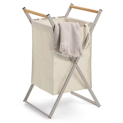 ZELLER 14298 Wäschesammler, klappbar, Metall/Holz/Polyester, greige, ca. 36,5 x 40 x 67 cm