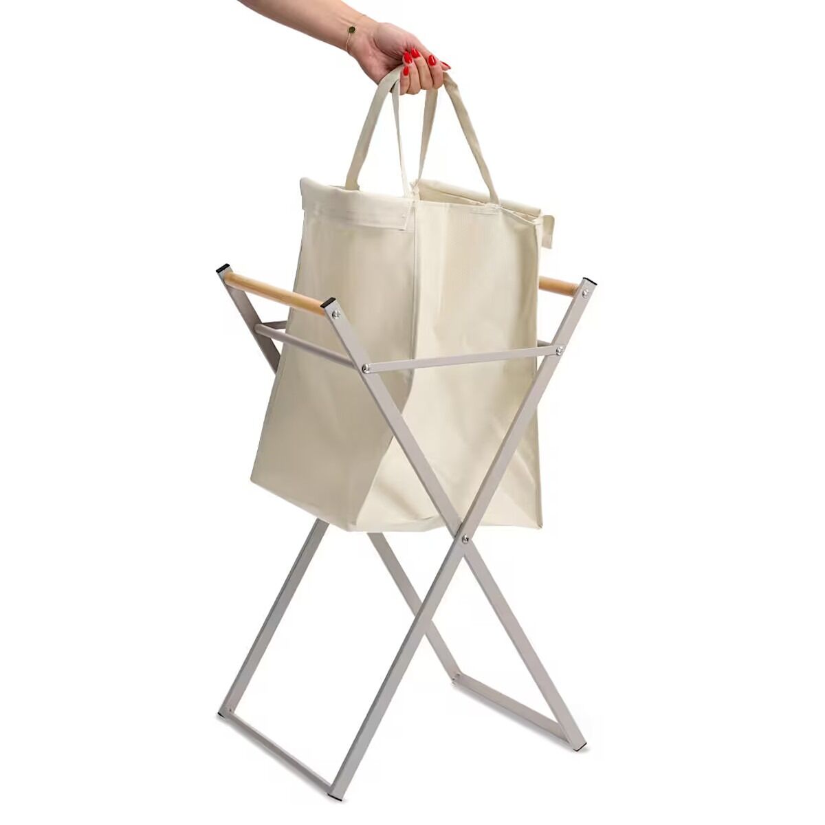 ZELLER 14298 Wäschesammler, klappbar, Metall/Holz/Polyester, greige, ca. 36,5 x 40 x 67 cm