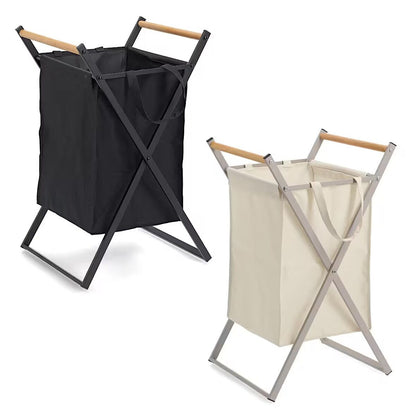 ZELLER 14298 Wäschesammler, klappbar, Metall/Holz/Polyester, greige, ca. 36,5 x 40 x 67 cm