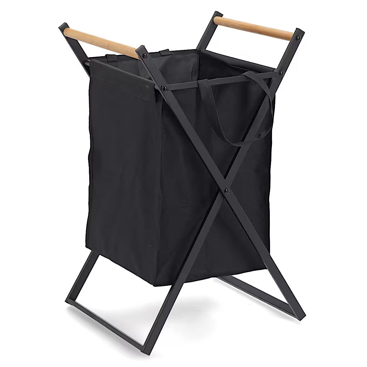 ZELLER 14299 Wäschesammler, klappbar, Metall/Holz/Polyester, schwarz, ca. 36,5 x 40 x 67 cm