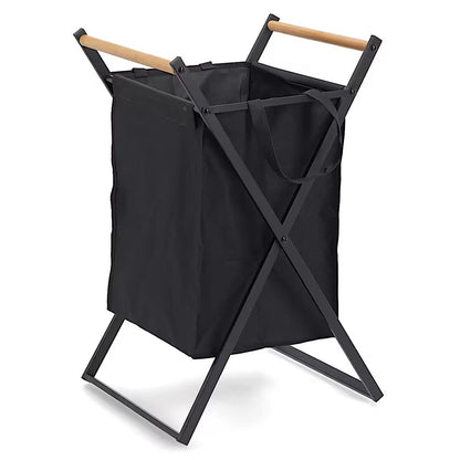 ZELLER 14299 Wäschesammler, klappbar, Metall/Holz/Polyester, schwarz, ca. 36,5 x 40 x 67 cm