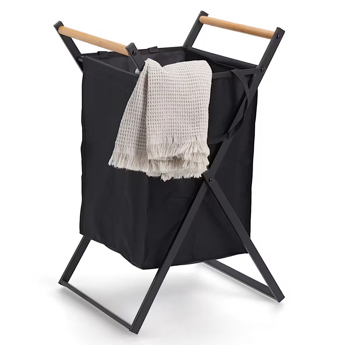 ZELLER 14299 Wäschesammler, klappbar, Metall/Holz/Polyester, schwarz, ca. 36,5 x 40 x 67 cm