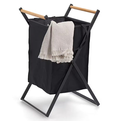 ZELLER 14299 Wäschesammler, klappbar, Metall/Holz/Polyester, schwarz, ca. 36,5 x 40 x 67 cm