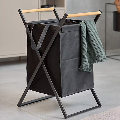 ZELLER 14299 Wäschesammler, klappbar, Metall/Holz/Polyester, schwarz, ca. 36,5 x 40 x 67 cm