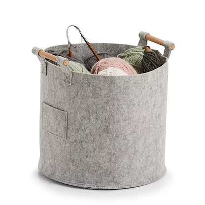 ZELLER 14394 runder Aufbewahrungskorb aus Filz/Holz, grau ca. Ø 35 x 32,5 cm