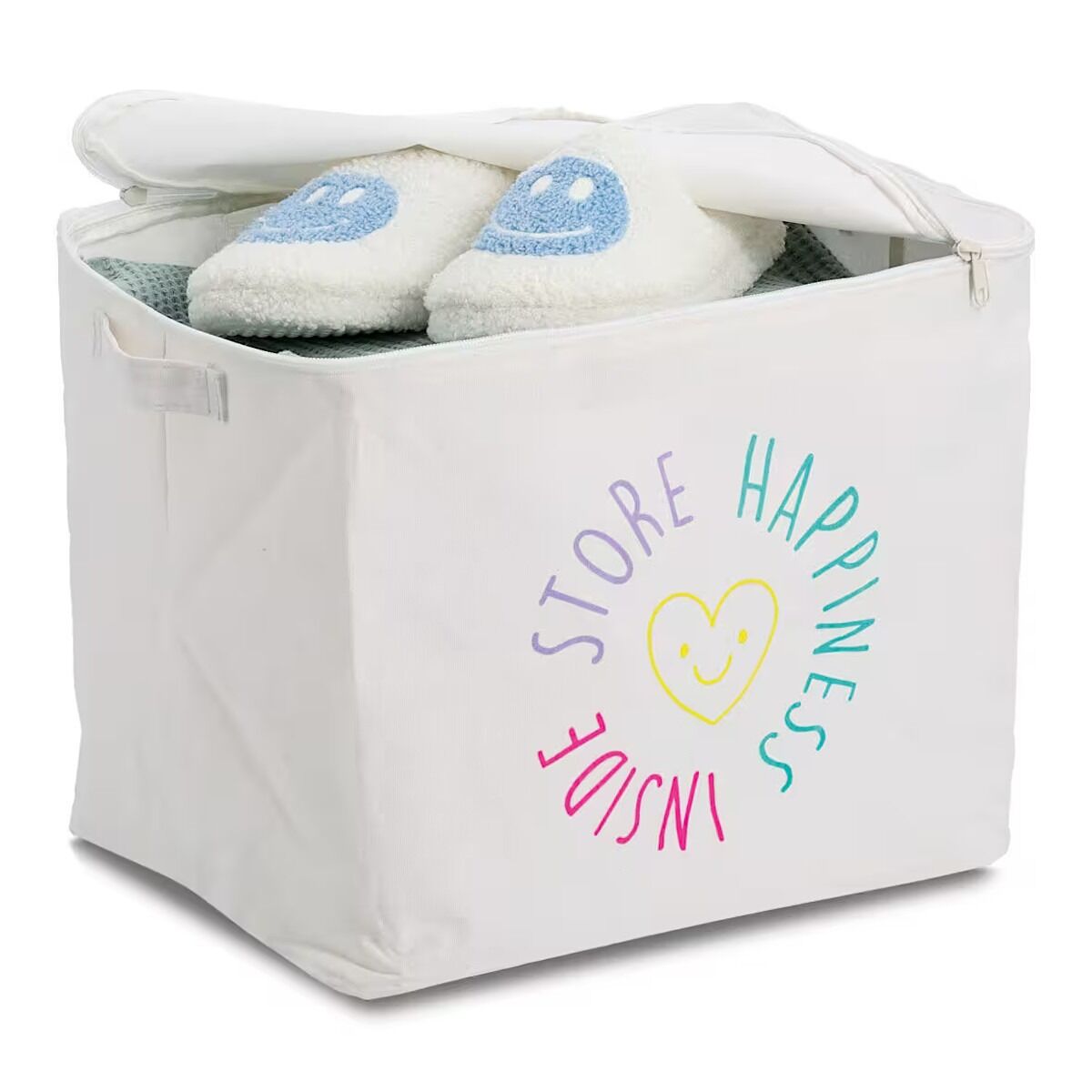 ZELLER 14550 Aufbewahrungsbox HAPPINESS mit Reißverschluss, Polyester/Baumwolle ca. 39 × 29 × 30 cm