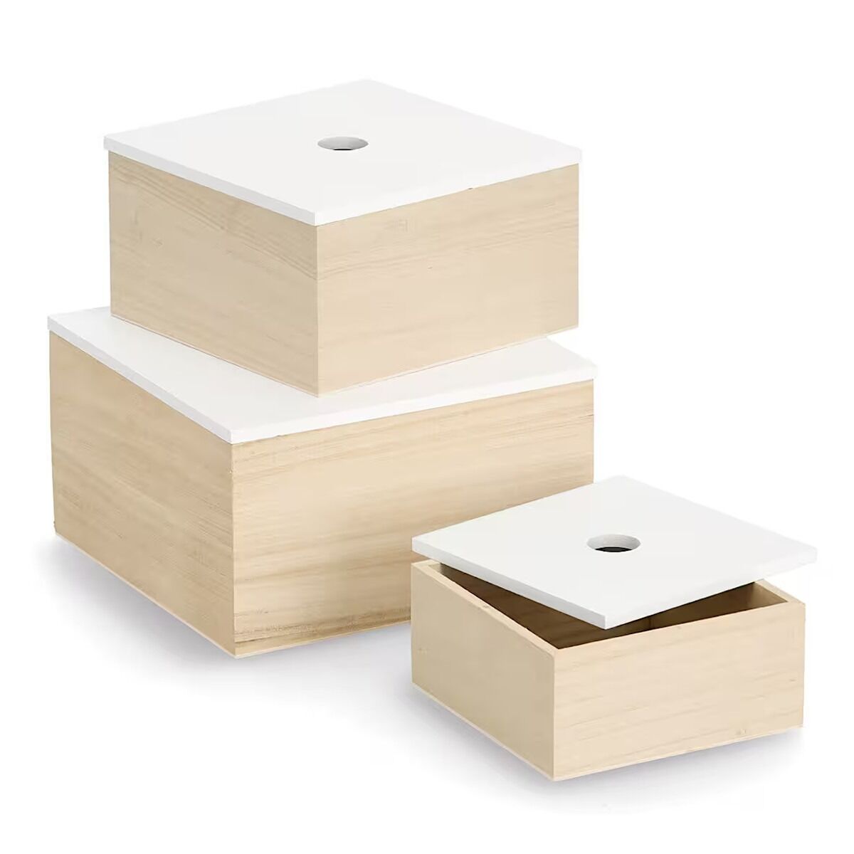 ZELLER 15148 Aufbewahrungsboxen-Set 3 tlg. aus Holz, weiß/natur ca. 24 × 24 × 14 cm