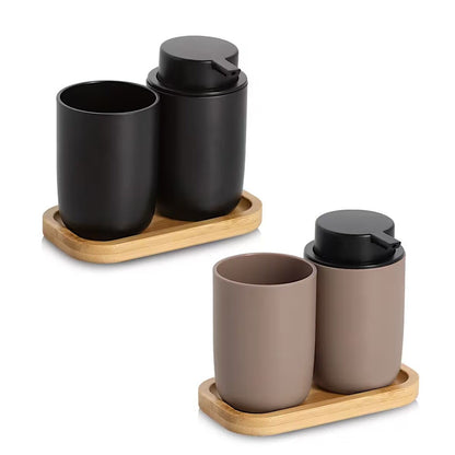 ZELLER 18793 Bad-Accessoires-Set, 3-tlg. schwarz, Kunststoff/Bambus, ca. 16,5 x 9 x 13,5 cm