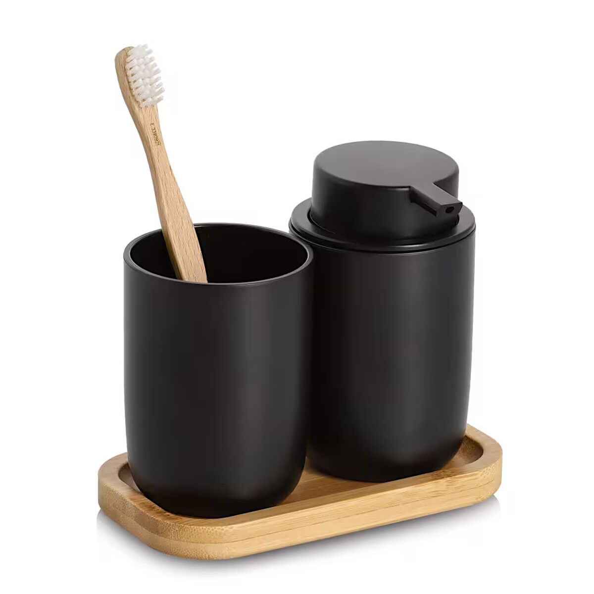 ZELLER 18793 Bad-Accessoires-Set, 3-tlg. schwarz, Kunststoff/Bambus, ca. 16,5 x 9 x 13,5 cm