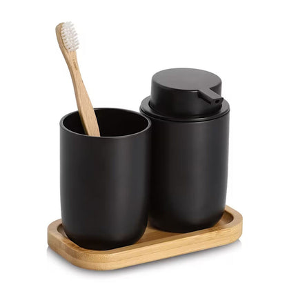 ZELLER 18793 Bad-Accessoires-Set, 3-tlg. schwarz, Kunststoff/Bambus, ca. 16,5 x 9 x 13,5 cm