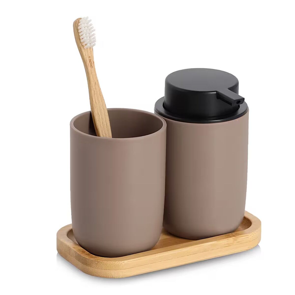 ZELLER 18794 Bad-Accessoires-Set, 3-tlg. braun, Kunststoff/Bambus, ca. 16,5 x 9 x 13,5 cm