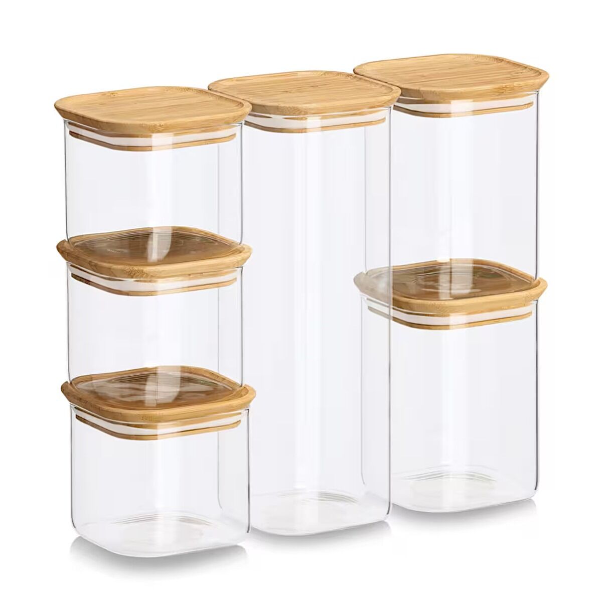 ZELLER 19053 Vorratsglas-Set 6-tlg. aus Borosilikatglas mit Bambusdeckel, ca. 31 × 11 × 28 cm