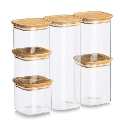 ZELLER 19053 Vorratsglas-Set 6-tlg. aus Borosilikatglas mit Bambusdeckel, ca. 31 × 11 × 28 cm