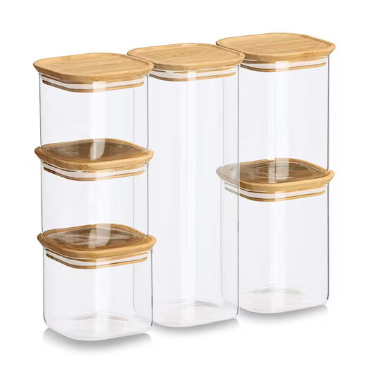 ZELLER 19053 Vorratsglas-Set 6-tlg. aus Borosilikatglas mit Bambusdeckel, ca. 31 × 11 × 28 cm