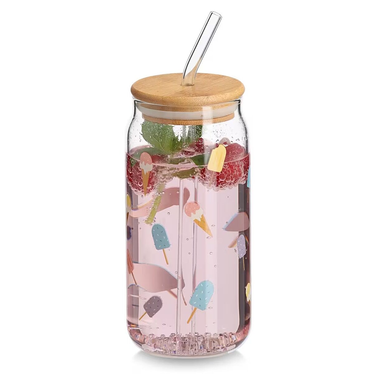 ZELLER 19067 Trinkglas ICE CREAM mit Bambusdeckel und Glastrinkhalm, Ø 7,5 x 15,5 cm
