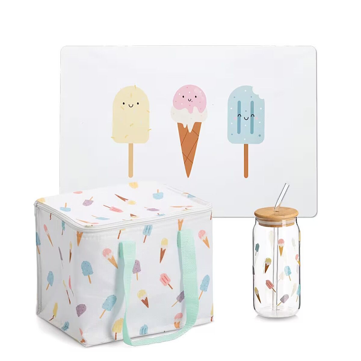 ZELLER 19067 Trinkglas ICE CREAM mit Bambusdeckel und Glastrinkhalm, Ø 7,5 x 15,5 cm