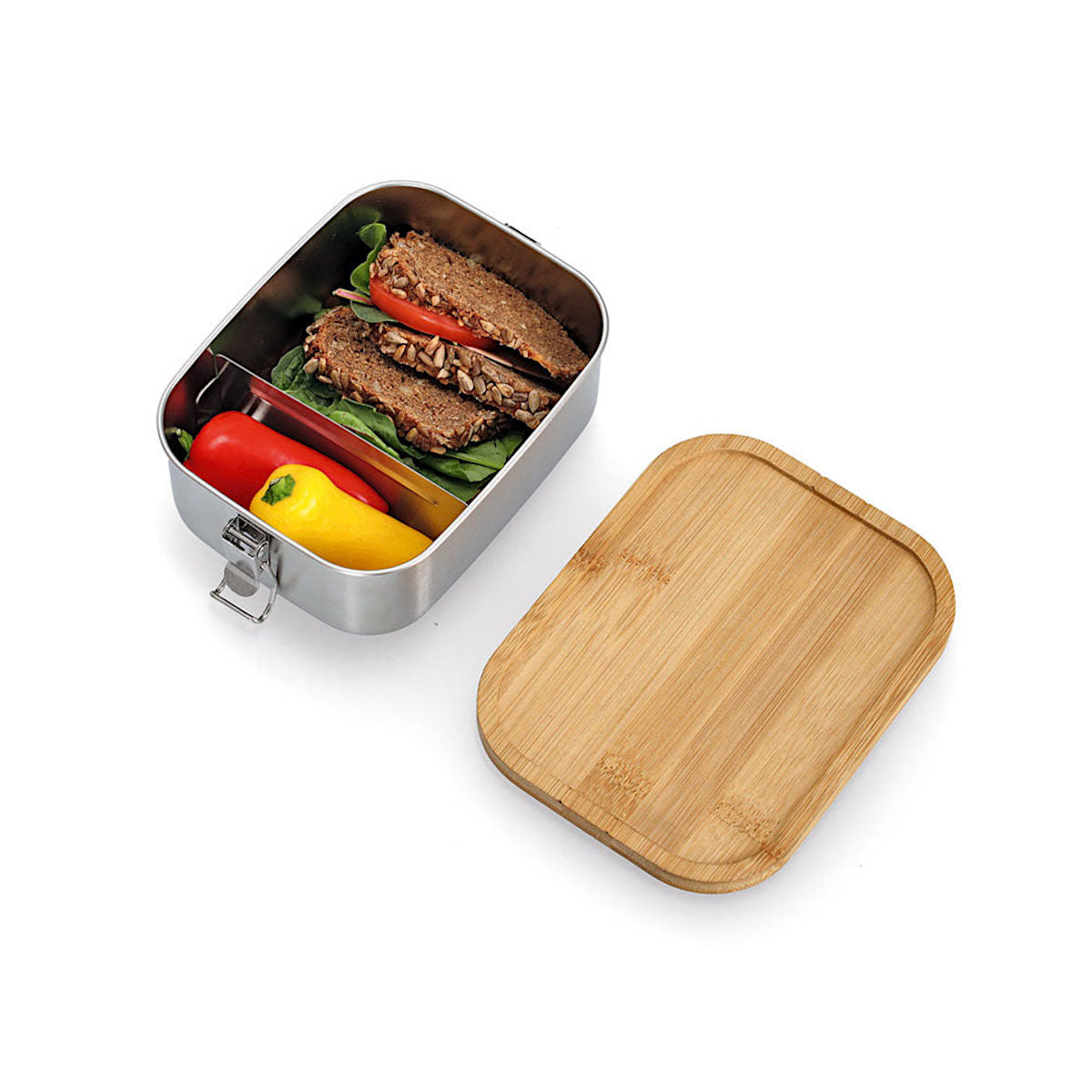 ZELLER 19372 Lunch Box mit Clipverschluss, Edelstahl/Bambus, ca. 18,4 x 13,5 x 7 cm