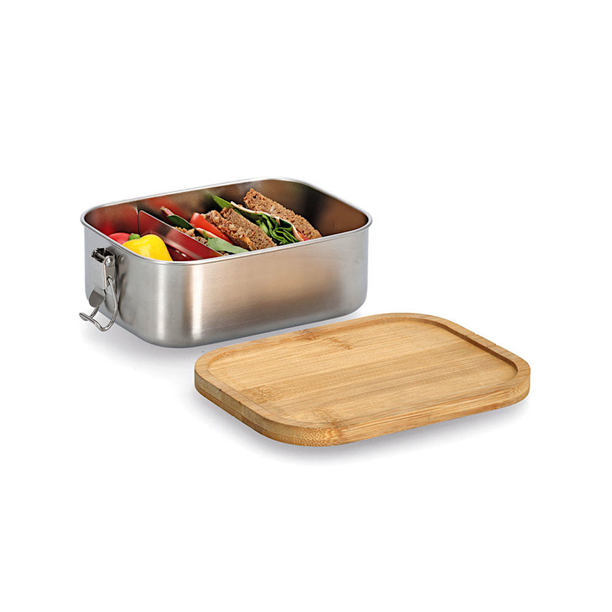 ZELLER 19372 Lunch Box mit Clipverschluss, Edelstahl/Bambus, ca. 18,4 x 13,5 x 7 cm