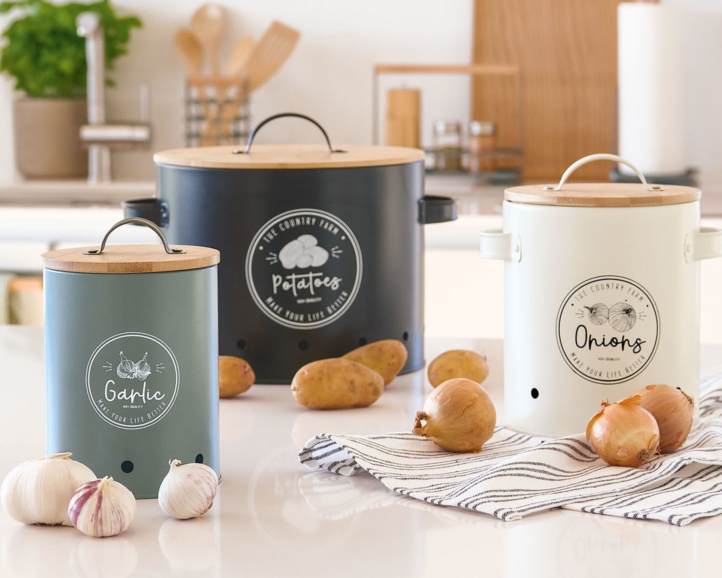 ZELLER 19382 Vorratsdose ONIONS aus Metall, weiß mit Bambusdeckel