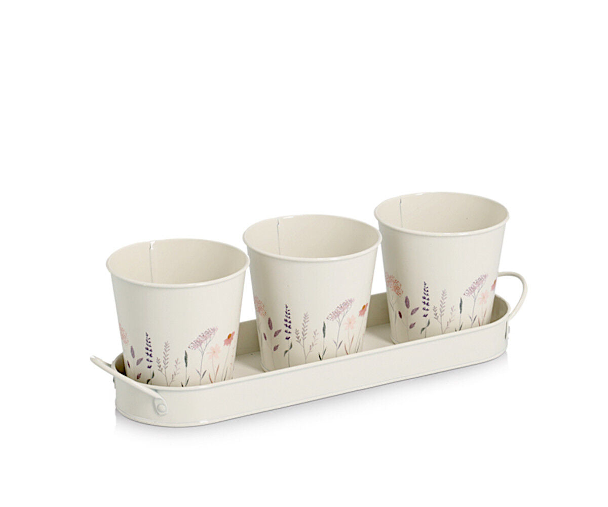 ZELLER 19405 Kräutertopf-Set FLOWERS Metall 4-teilig, weiß/Dekor