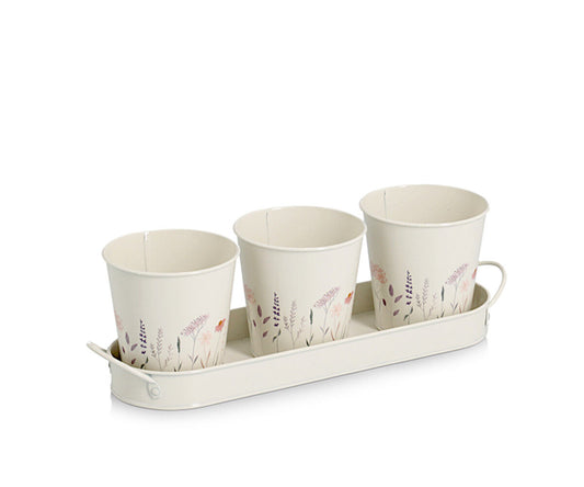 ZELLER 19405 Kräutertopf-Set FLOWERS Metall 4-teilig, weiß/Dekor
