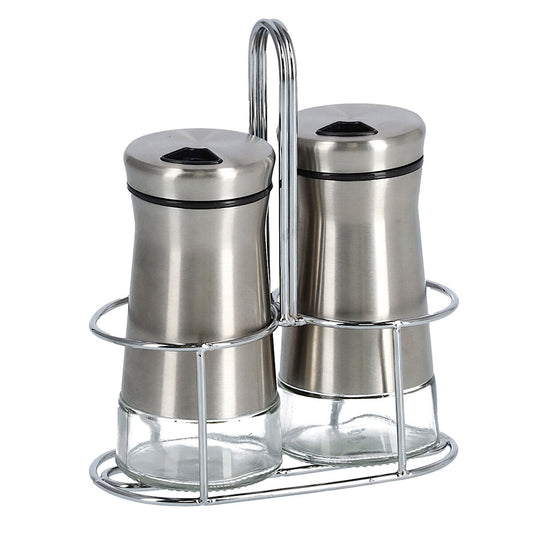 ZELLER 19631 Salz-/Pfefferstreuer-Set 3-tlg, Glas/Edelstahl, ca. 12 x 6 x 16 cm