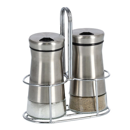 ZELLER 19631 Salz-/Pfefferstreuer-Set 3-tlg, Glas/Edelstahl, ca. 12 x 6 x 16 cm