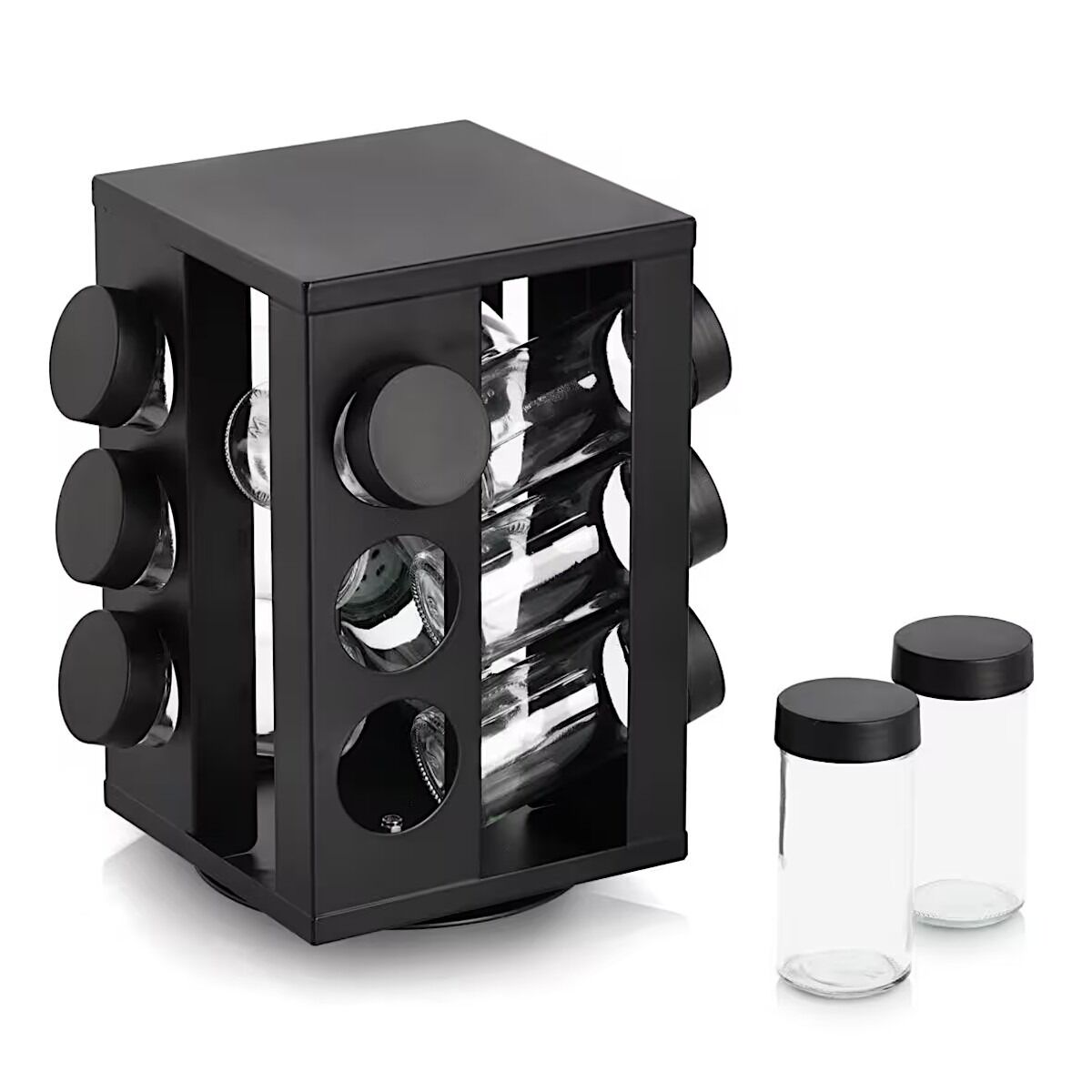 ZELLER 19633 Gewürzrondell mit 12 Gläsern, Metall/Glas, schwarz, ca. 14 × 14 × 22,5 cm