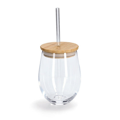 ZELLER 19647 Trinkglas mit Bambusdeckel und Glasstrohhalm, Ø 9,2 x 12,6 cm
