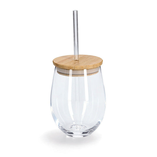 ZELLER 19647 Trinkglas mit Bambusdeckel und Glasstrohhalm, Ø 9,2 x 12,6 cm