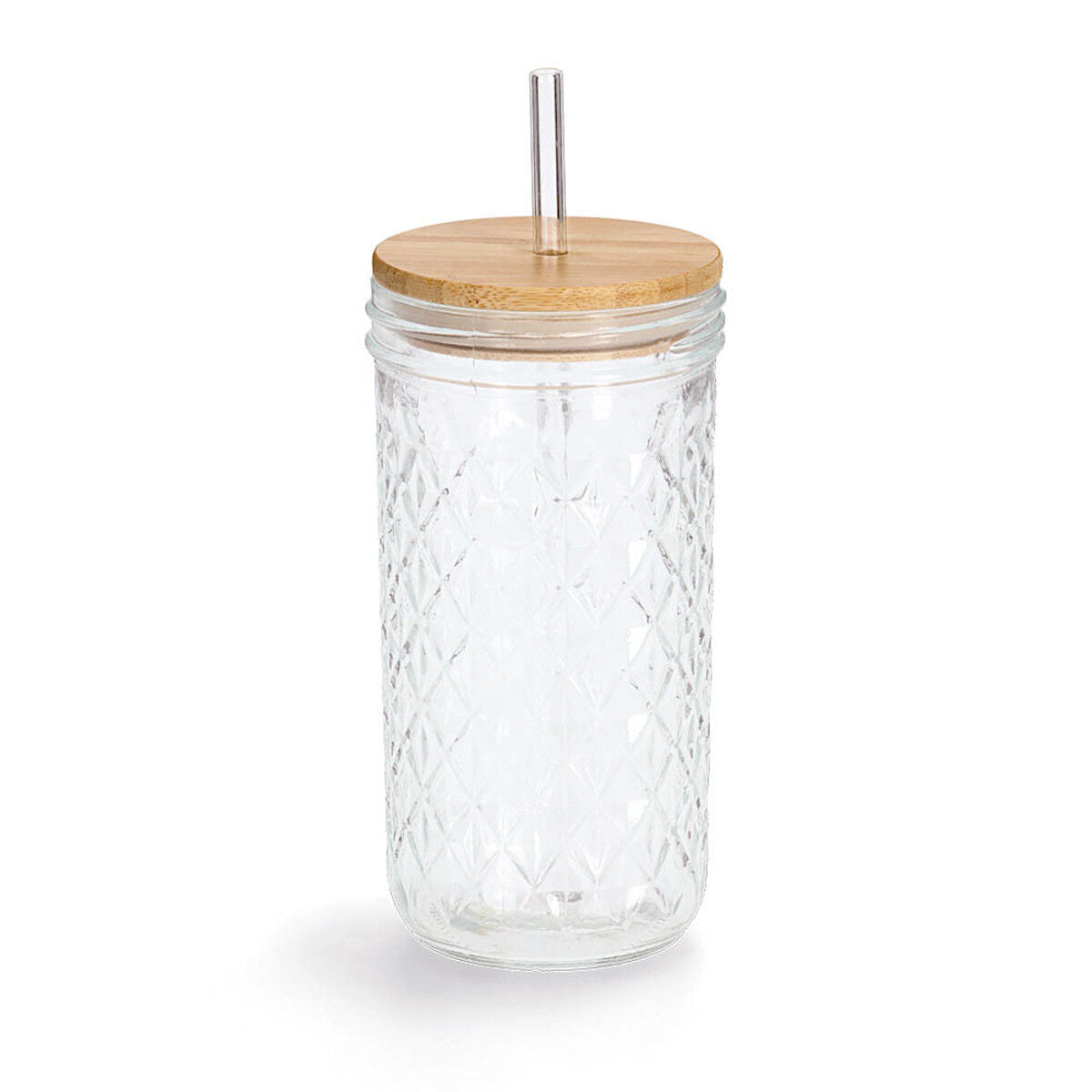 ZELLER 19648 Trinkglas mit Bambusdeckel und Glasstrohhalm, Ø 8,9 x 16,4 cm