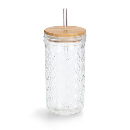 ZELLER 19648 Trinkglas mit Bambusdeckel und Glasstrohhalm, Ø 8,9 x 16,4 cm