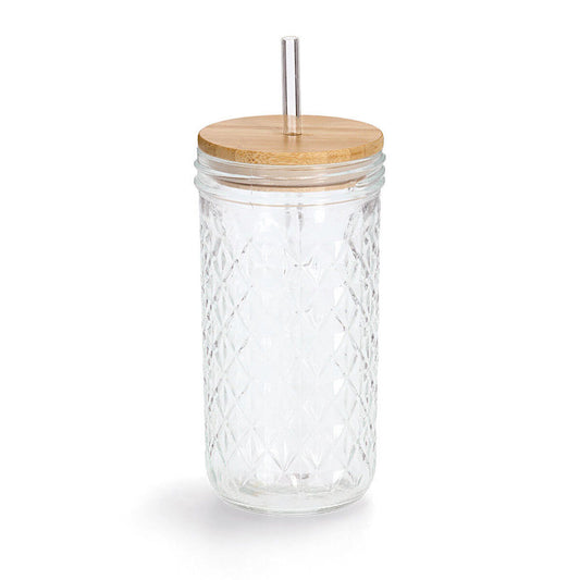 ZELLER 19648 Trinkglas mit Bambusdeckel und Glasstrohhalm, Ø 8,9 x 16,4 cm