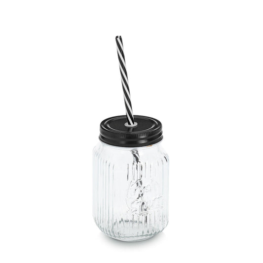 ZELLER 19653 Trinkglas 480 ml mit Metalldeckel und Strohhalm, ca. Ø 8 x 13 cm