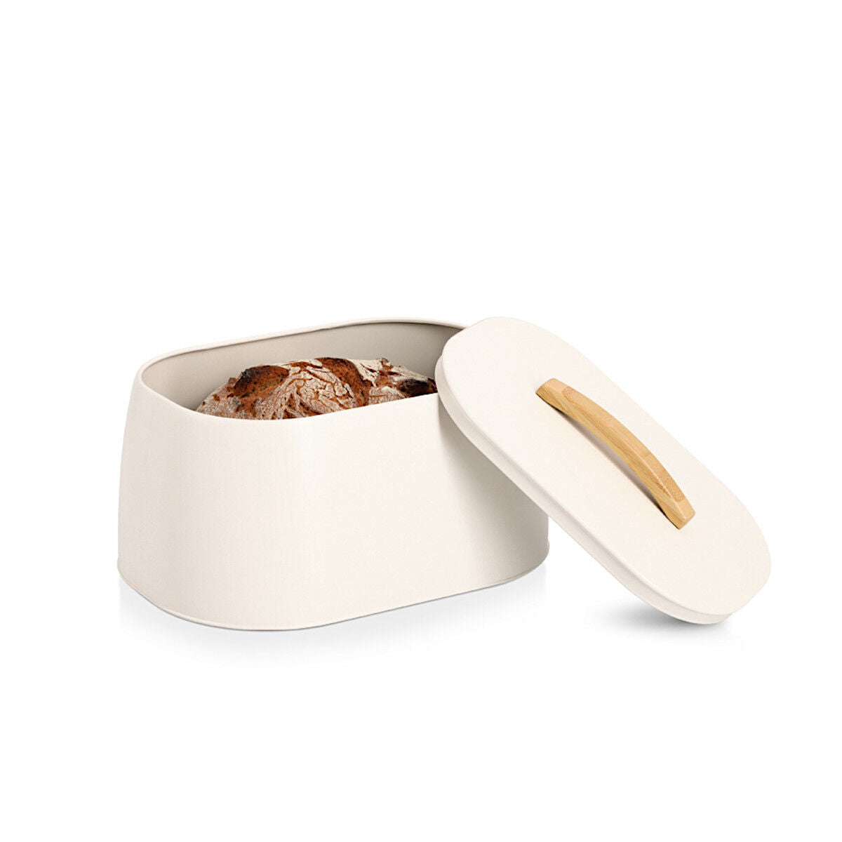ZELLER Brotkasten 25169 aus Metall, creme mit Griff aus Gummibaumholz