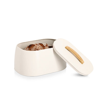 ZELLER Brotkasten 25169 aus Metall, creme mit Griff aus Gummibaumholz