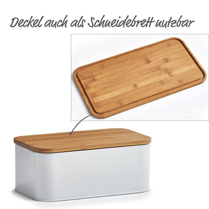 ZELLER 25370 Brotkasten mit Bambusdeckel, Metall, matt weiß, 31 x 18 x 12,5 cm
