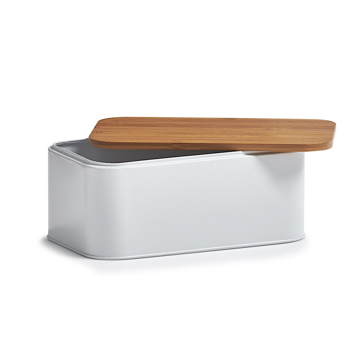 ZELLER 25370 Brotkasten mit Bambusdeckel, Metall, matt weiß, 31 x 18 x 12,5 cm
