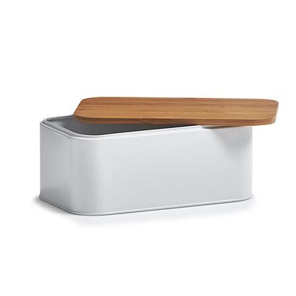 ZELLER 25370 Brotkasten mit Bambusdeckel, Metall, matt weiß, 31 x 18 x 12,5 cm