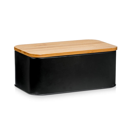 ZELLER 25372 Brotkasten mit Bambusdeckel, Metall, matt schwarz, 31 x 18 x 12,5 cm