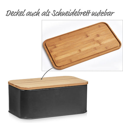 ZELLER 25372 Brotkasten mit Bambusdeckel, Metall, matt schwarz, 31 x 18 x 12,5 cm