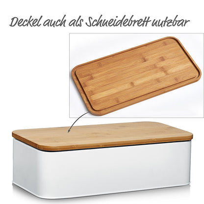 ZELLER 25375 Brotkasten mit Bambusdeckel, Metall, matt weiß, 42,5 x 23 x 13 cm