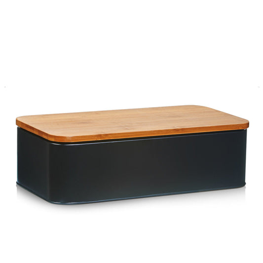 ZELLER 25377 Brotkasten mit Bambusdeckel, Metall, matt schwarz, 42,5 x 23 x 13 cm