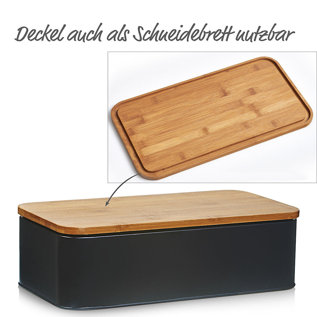 ZELLER 25377 Brotkasten mit Bambusdeckel, Metall, matt schwarz, 42,5 x 23 x 13 cm